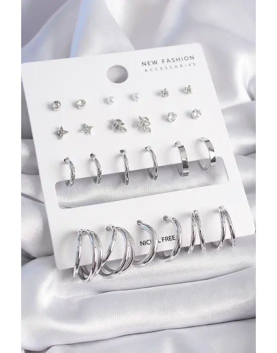  Gümüş Zirkon Taşlı 12 Çift Küpe Seti