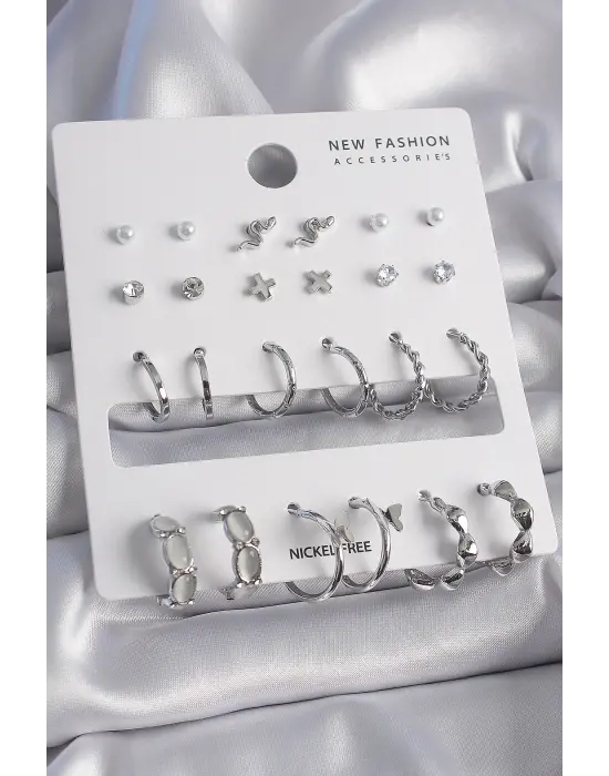  Gümüş Zirkon Taşlı 12 Çiftli Çelik Küpe Seti