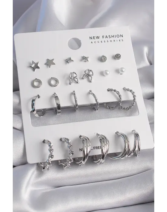  Gümüş Zirkon Taşlı 12 Çiftli Çelik Küpe Seti