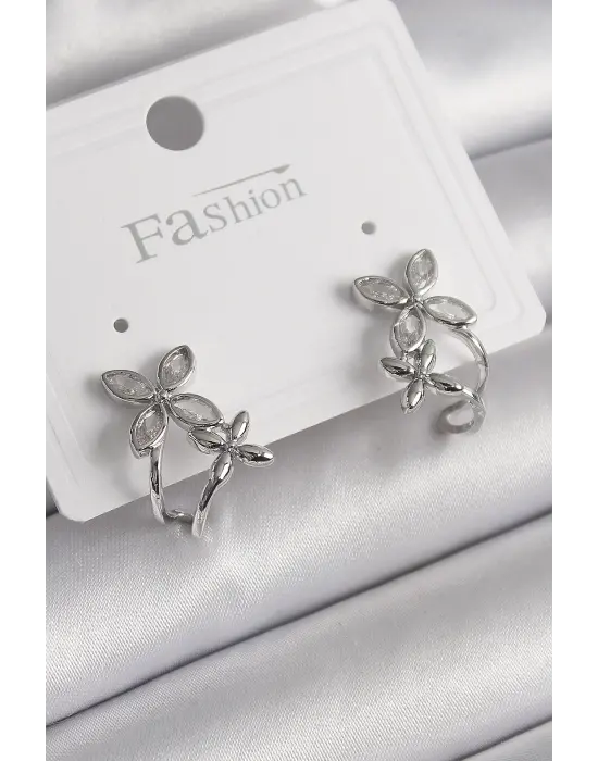  Gümüş Zirkon Taşlı 2Li Çiçek Model Çelik Küpe