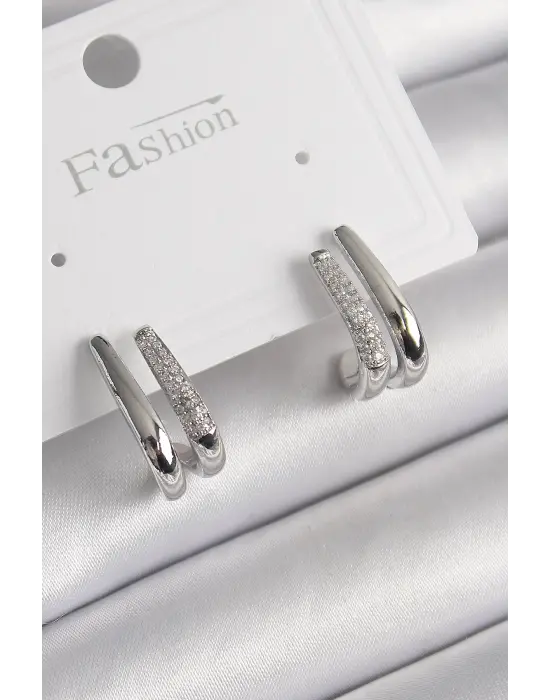  Gümüş Zirkon Taşlı 2Li Çelik Küpe