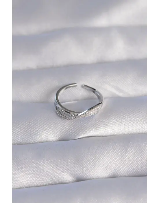  Gümüş Zirkon Taşlı 2li Görünüm Ayarlanabilir Yüzük