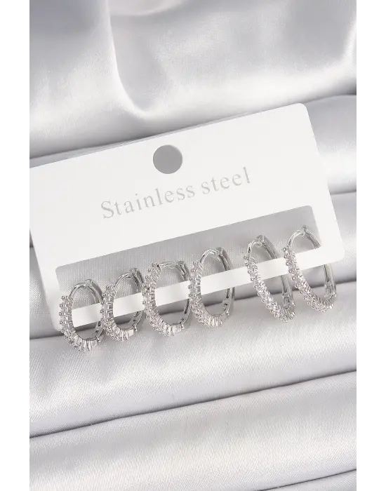 Pirinç Gümüş Renk Zirkon Taşlı 3 Çift Halka Model Kadın Küpe