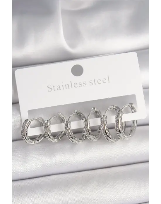 Çelik Gümüş Renk Zirkon Taşlı 3 Çift Halka Model Kadın Küpe