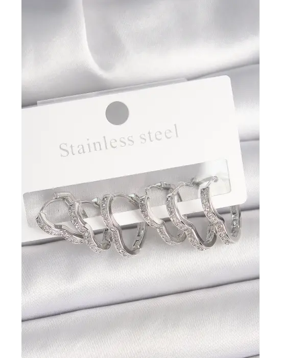 Pirinç Gümüş Renk Zirkon Taşlı 3 Çift Kalp Model Kadın Küpe