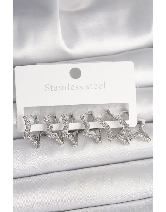 Pirinç Gümüş Renk Zirkon Taşlı 3 Çift Yıldız Model Kadın Küpe