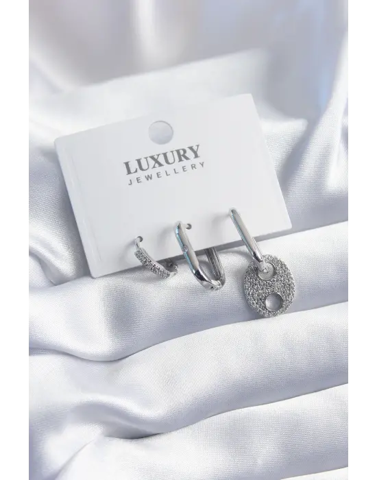 Pirinç Gümüş Renk Zirkon Taşlı 3lü Kadın Küpe Seti