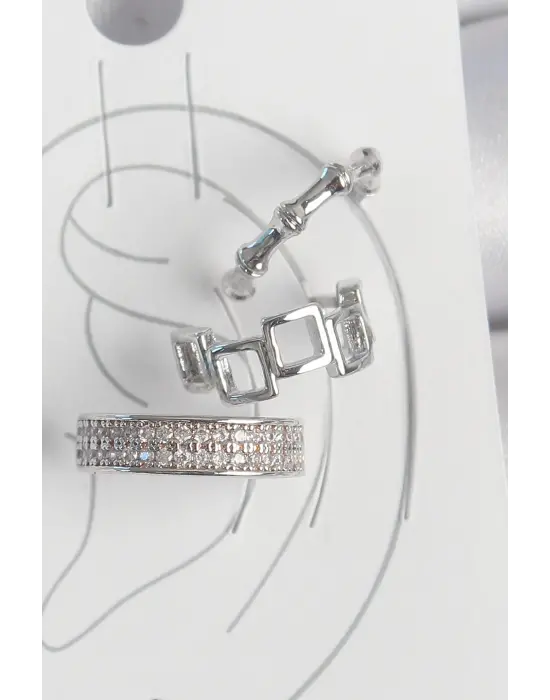 Çelik Gümüş Renk Zirkon Taşlı 3Lü Model Kare Bambu Model Kadın Kıkırdak Küpe