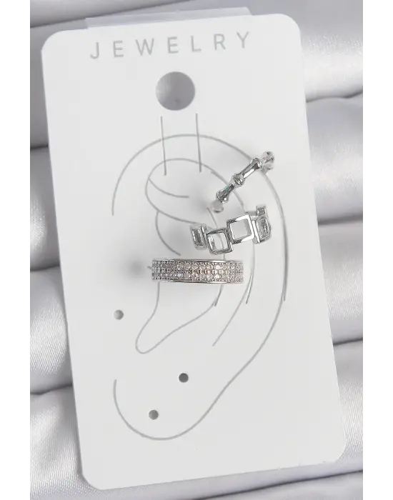 Çelik Gümüş Renk Zirkon Taşlı 3Lü Model Kare Bambu Model Kadın Kıkırdak Küpe