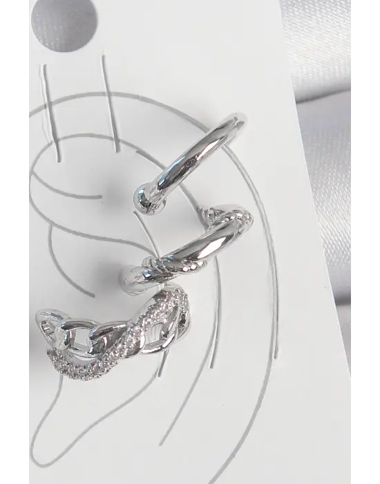 Çelik Gümüş Renk Zirkon Taşlı 3Lü Model Sonsuzluk Zincir Model Kıkırdak Küpe