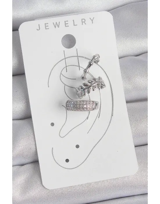 Pirinç Gümüş Renk Zirkon Taşlı 3Lü Model Yaprak Figür Kadın Kıkırdak Küpe