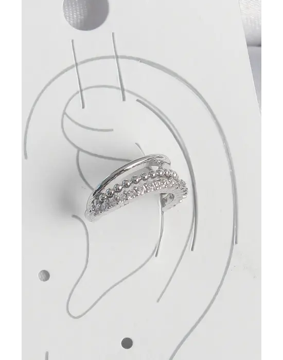 Çelik Gümüş Renk Zirkon Taşlı 3Lü Sıralı Kadın Kıkırdak Küpe