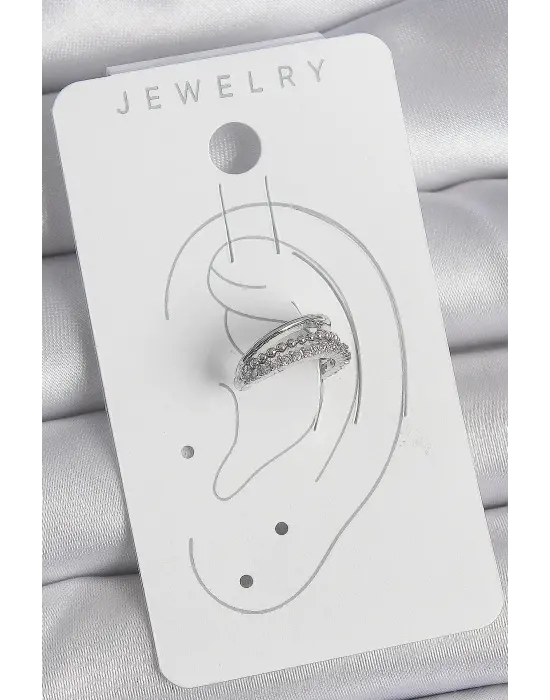 Çelik Gümüş Renk Zirkon Taşlı 3Lü Sıralı Kadın Kıkırdak Küpe