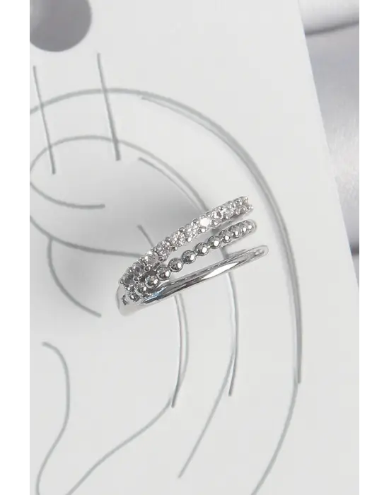 Çelik Gümüş Renk Zirkon Taşlı 3Lü Sıralı Model Kadın Kıkırdak Küpe