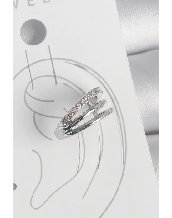 Çelik Gümüş Renk Zirkon Taşlı 3Lü Sıralı Model Kadın Kıkırdak Küpe