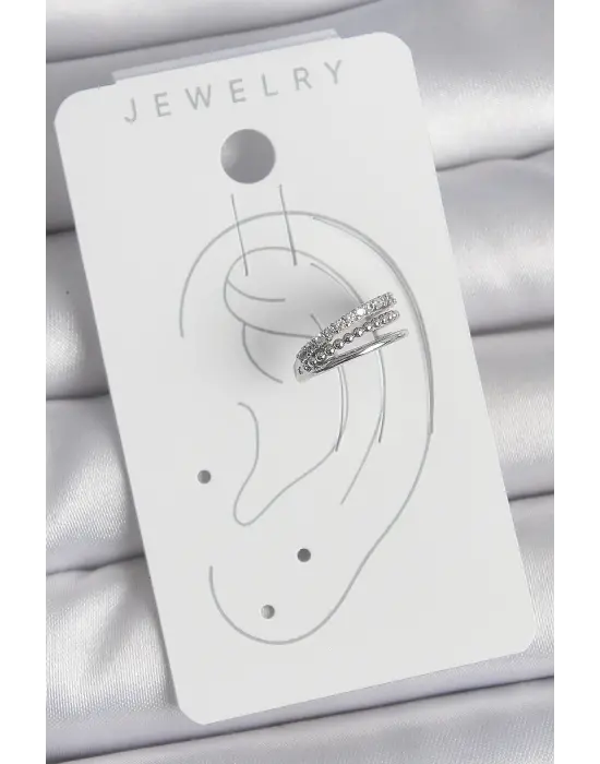 Çelik Gümüş Renk Zirkon Taşlı 3Lü Sıralı Model Kadın Kıkırdak Küpe