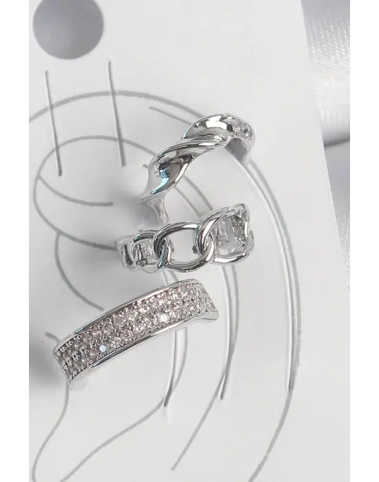 Çelik Gümüş Renk Zirkon Taşlı 3Lü Zincir Sarmal Model Kadın Kıkırdak Küpe