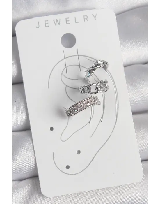 Çelik Gümüş Renk Zirkon Taşlı 3Lü Zincir Sarmal Model Kadın Kıkırdak Küpe