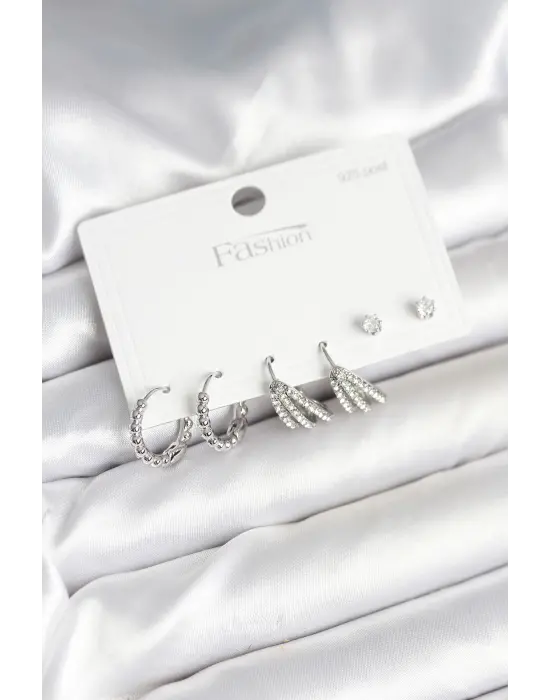 Pirinç Gümüş Renk Zirkon Taşlı 925 Gümüş Çivili Kadın Küpe Seti