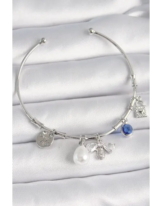 Pirinç Gümüş Renk Zirkon Taşlı Arı Figür İnci Detay Charm Kadın Bileklik