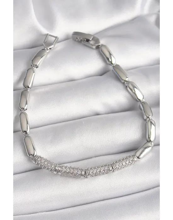 Pirinç Gümüş Renk Zirkon Taşlı Arpa Zincir Model Kadın Bileklik