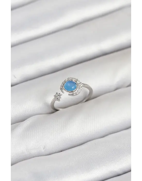 Pirinç Gümüş Renk Zirkon Taşlı Ay Yıldız Kadın Yüzük