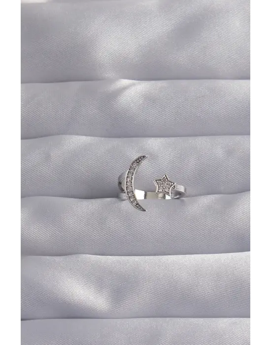  Gümüş Zirkon Taşlı Ay Yıldız Model Ayarlamalı Yüzük