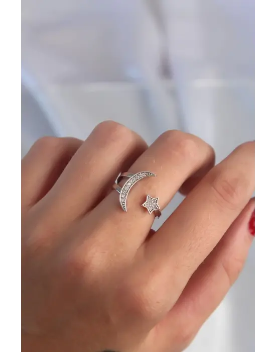  Gümüş Zirkon Taşlı Ay Yıldız Model Ayarlamalı Yüzük
