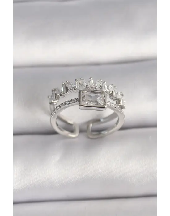  Gümüş Zirkon Taşlı Ayarlanabilir Çelik Yüzük