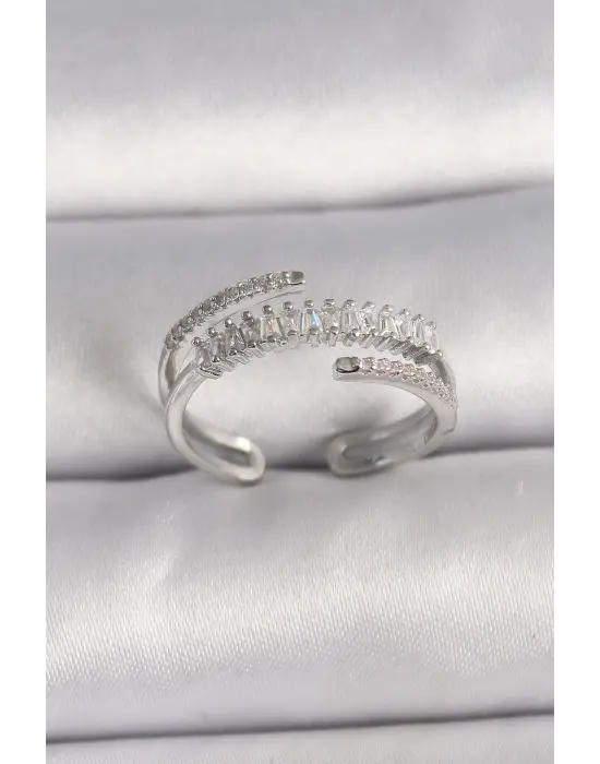  Gümüş Zirkon Taşlı Ayarlanabilir Çelik Yüzük