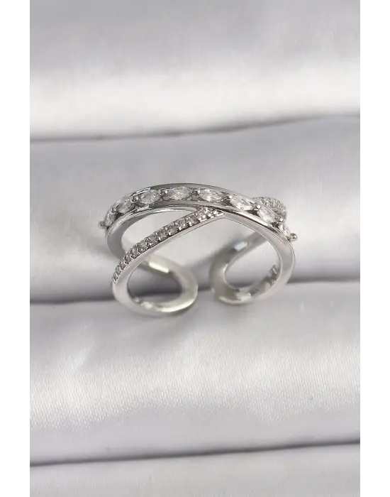  Gümüş Zirkon Taşlı Ayarlanabilir Çelik Yüzük