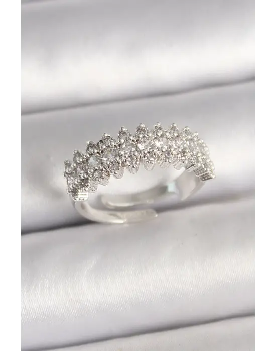 Pirinç Gümüş Renk Zirkon Taşlı Ayarlanabilir Kadın Yüzük