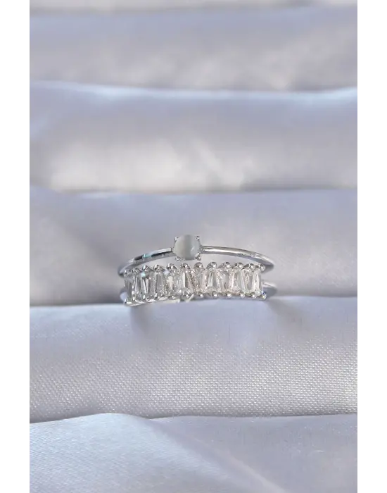  Gümüş Zirkon Taşlı Baget Su Yolu Model Ayarlanabilir Yüzük