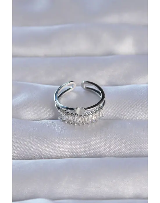  Gümüş Zirkon Taşlı Baget Su Yolu Model Ayarlanabilir Yüzük