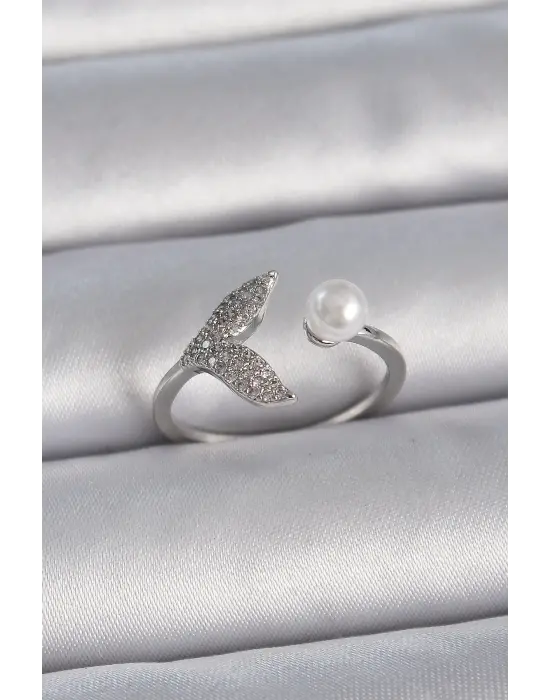  Gümüş Zirkon Taşlı Balık Kuyruğu İncili Ayarlanabilir Model Çelik Yüzük