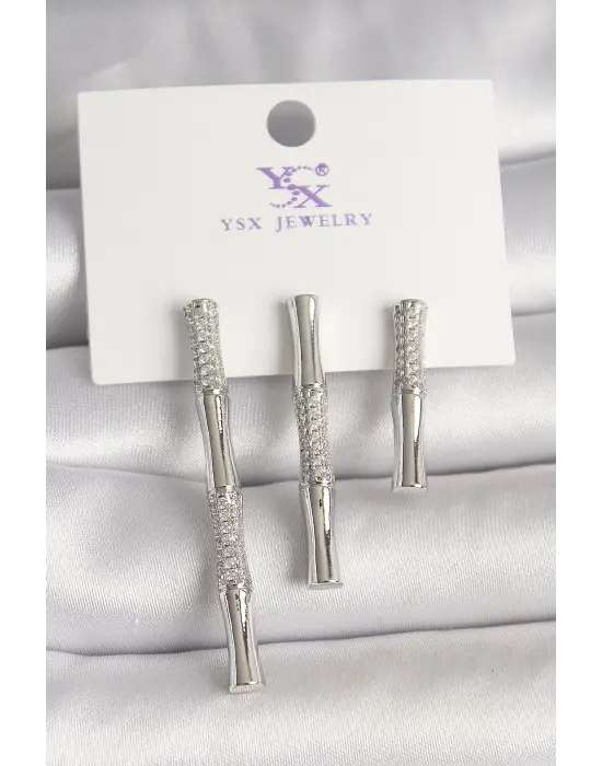 Pirinç Gümüş Renk Zirkon Taşlı Bambu Model 3Lü Kadın Kombin Küpe