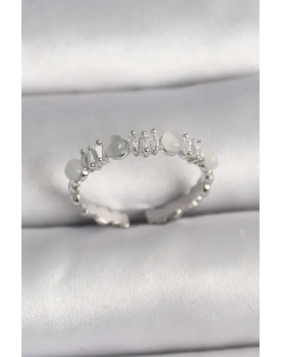  Gümüş Zirkon Taşlı Beyaz Mineli Ayarlanabilir Yüzük