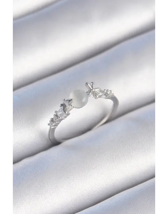  Gümüş Zirkon Taşlı Beyaz Mineli Kelebek Detay Çelik Yüzük