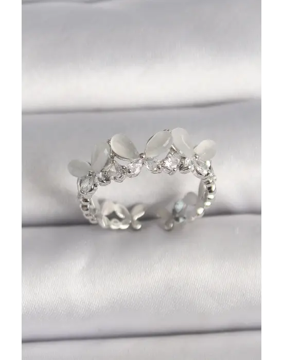  Gümüş Zirkon Taşlı Beyaz Mineli Kelebek Model Ayarlanabilir Yüzük