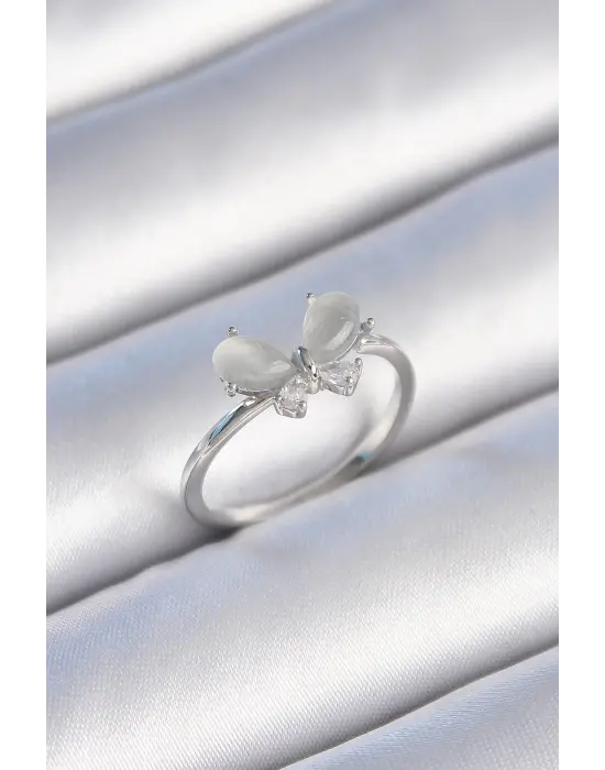  Gümüş Zirkon Taşlı Beyaz Mineli Kelebek Model Çelik Yüzük