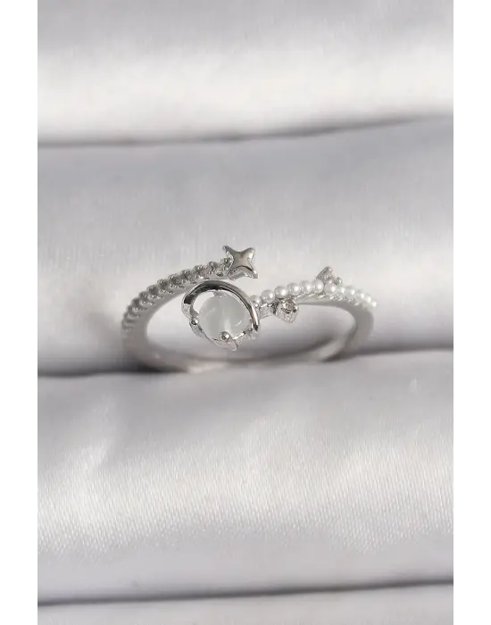  Gümüş Zirkon Taşlı Beyaz Mineli Yıldız Detay Ayarlanabilir Çelik Yüzük