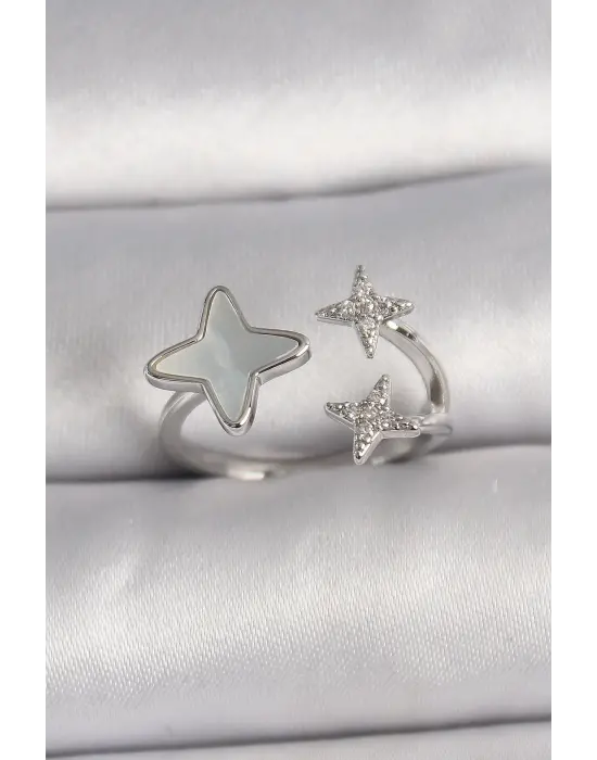  Gümüş Zirkon Taşlı Beyaz Mineli Yıldız Model Ayarlanabilir Yüzük