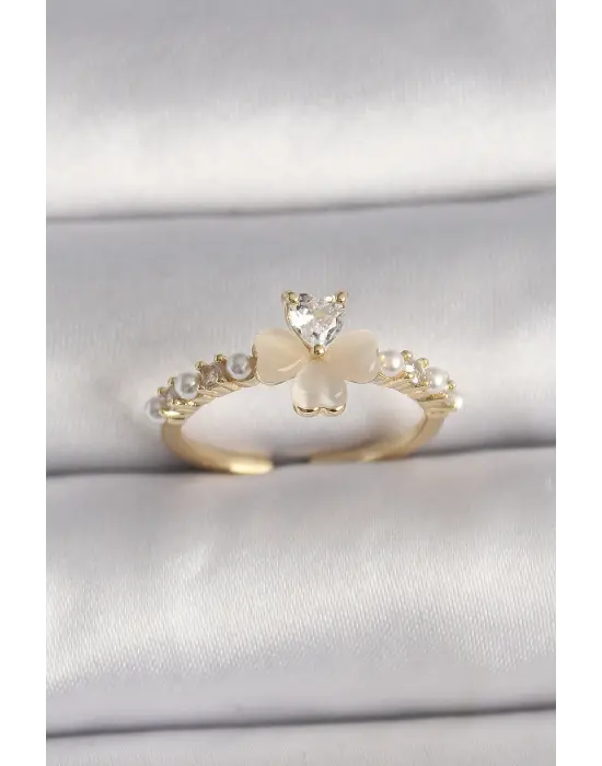  Gümüş Zirkon Taşlı Beyaz Mineli Yonca Model İnci Detay Ayarlanabilir Yüzük