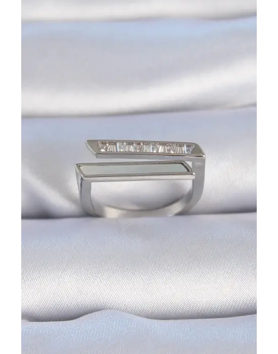  Gümüş Zirkon Taşlı Beyaz Sedef Detay Çelik Yüzük