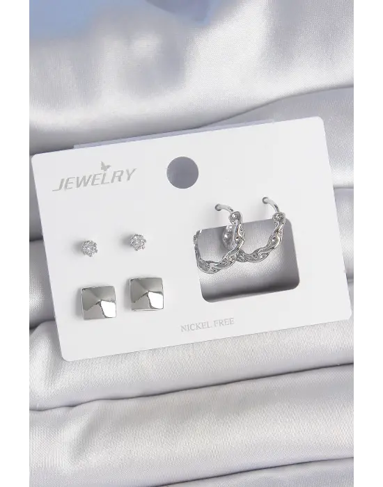 Pirinç Gümüş Renk Zirkon Taşlı Burgu Halka Model Kare Detay 3 Çift Kadın Küpe Seti