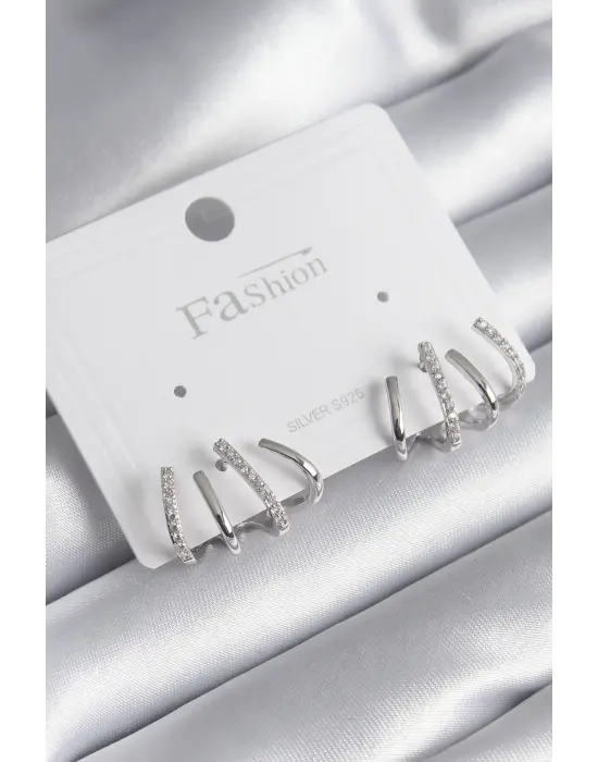  Gümüş Zirkon Taşlı Çatal Model Çelik Küpe