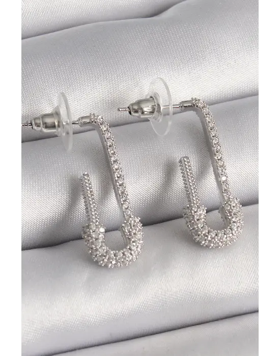  Gümüş Zirkon Taşlı Çengelli İğne Model Çelik Küpe