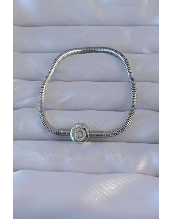 Pirinç Gümüş Renk Zirkon Taşlı Charm Bileklik