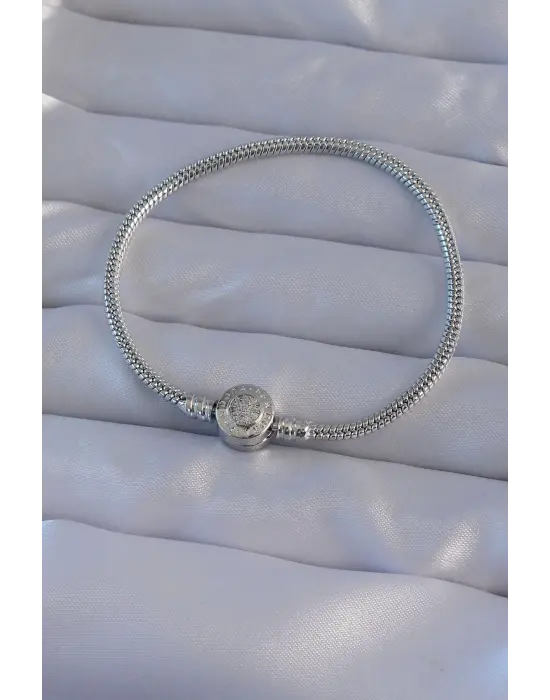 Pirinç Gümüş Renk Zirkon Taşlı Charm Bileklik