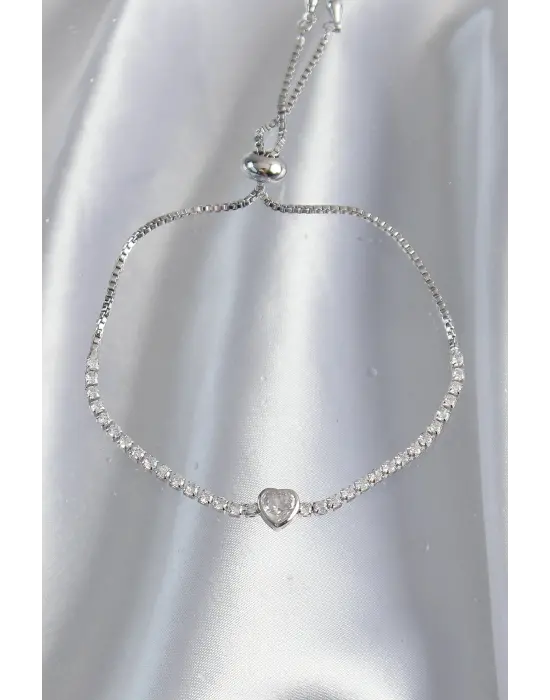 Pirinç Gümüş Renk Zirkon Taşlı Charm Model Asansörlü Bileklik